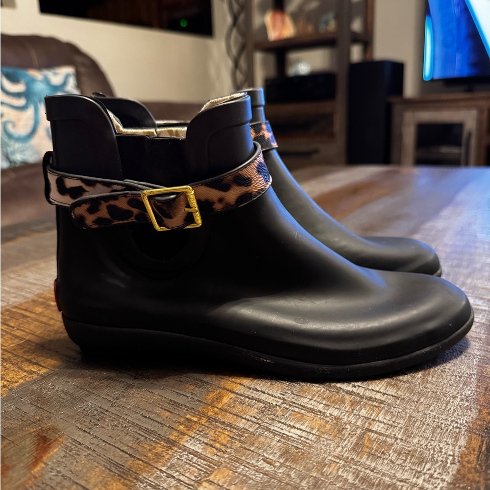 chooka Black Ankle Rain Boots with Leopard Print Strap and Gold Buckle